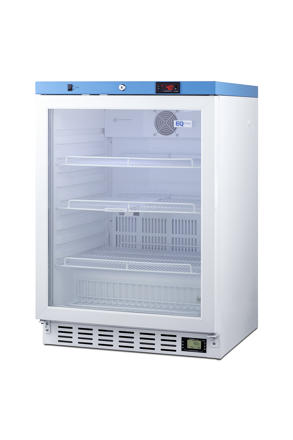 Built-In healthcare all-refrigerator certified to NSF/ANSI 456 with self-closing glass door, front lock, digital controls, and NIST calibrated temperature readout
